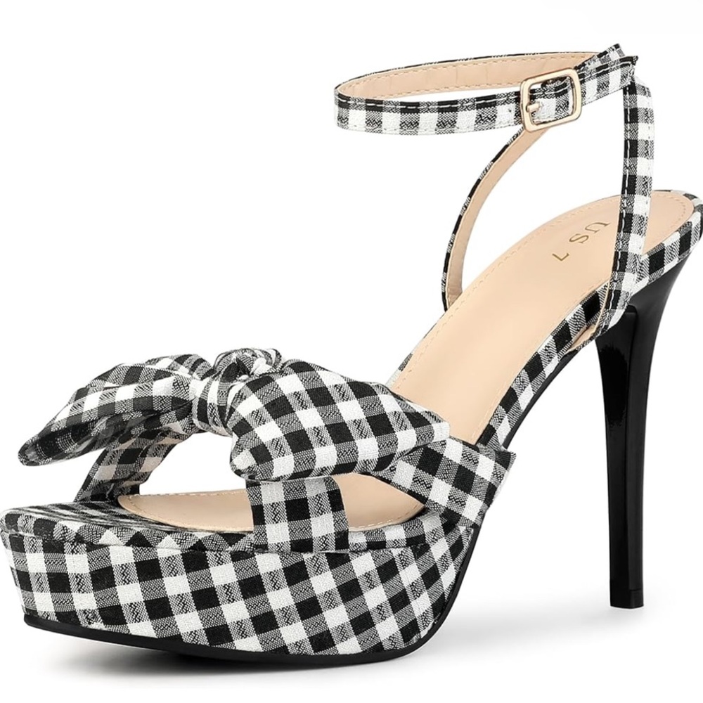 PERPHY OPEN TOE BOW STRAP PLAID STILETTO HEELS